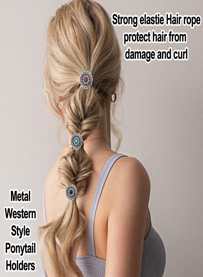 AOZUO 3PCS Western Style Ponytail Holders, Metal Hair Ties Bracelet, Boho Hair Clips Vintage Turquoise Concho Squash Blossom Hair Bands Elastic Hair Cuffs Hair Accessories for Women Girls - Image 2